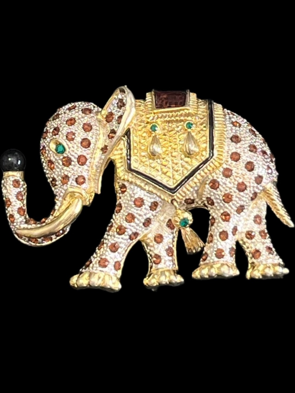 4” BIG circus elephant pin brooch gold emerald black brown statement vintage HSN